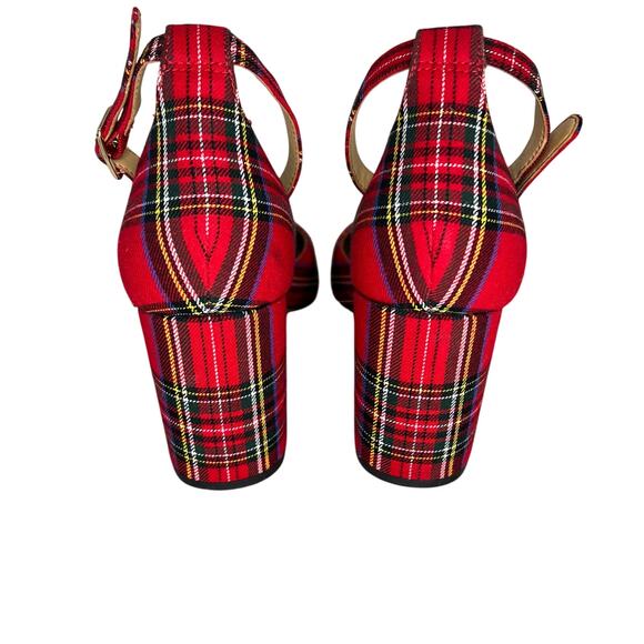 J Crew Factory Red Tartan Plaid Ankle Strap Block Heels 9.5 - Picture 3 of 6